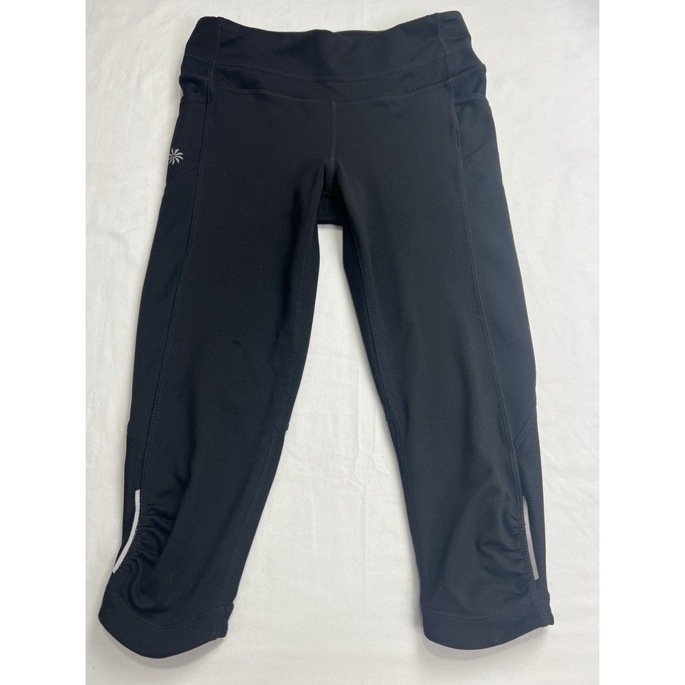 Athleta Crop Leggings Reflective Trim Womens XXS Blk Zip Back Pocket Running A34
